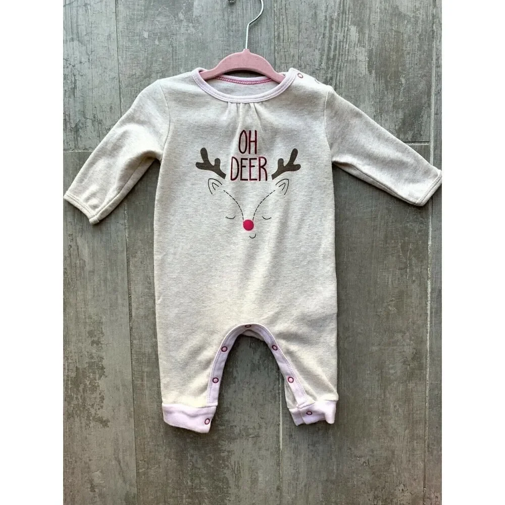 EMILY & OLIVER Baby Girl OH DEER Christmas Holiday One Piece Coverall Outfit 0-3